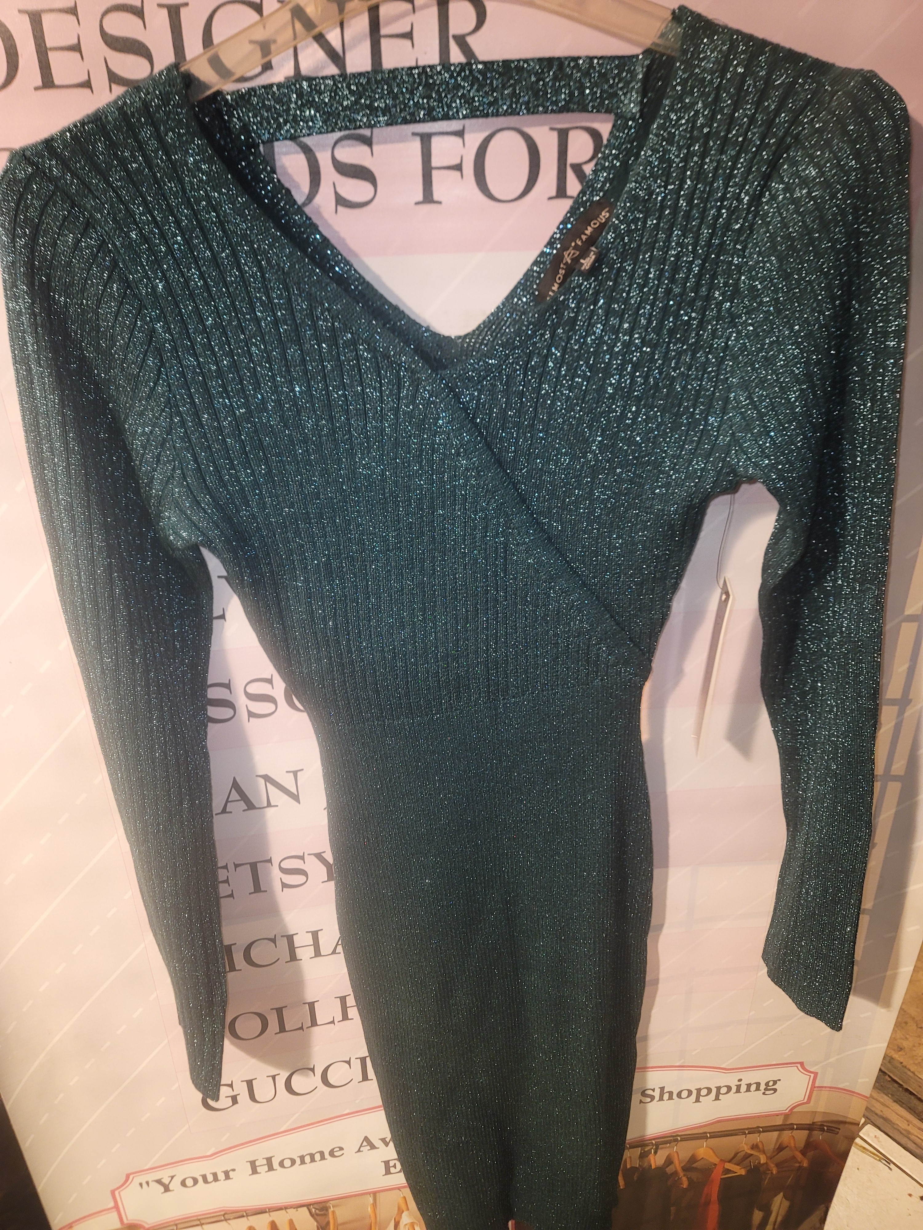 Almost Famous Sparkle Ribbed Wrap-Front Teal Dress